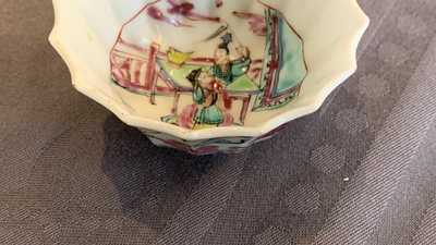 A lobed Chinese famille rose cup and saucer, Yongzheng
