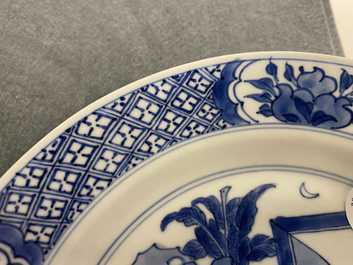 Five Chinese blue and white figurative plates, Kangxi and Chenghua marks, Kangxi