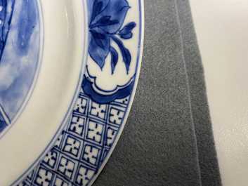 Five Chinese blue and white figurative plates, Kangxi and Chenghua marks, Kangxi