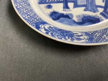 Five Chinese blue and white figurative plates, Kangxi and Chenghua marks, Kangxi