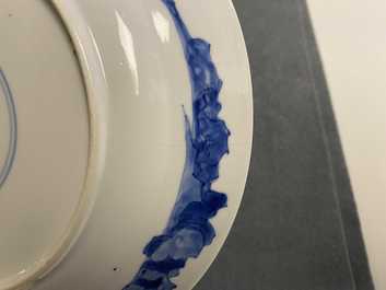Five Chinese blue and white figurative plates, Kangxi and Chenghua marks, Kangxi