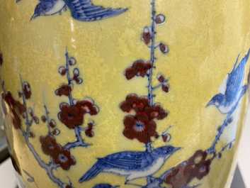 A Chinese blue, white and red yellow-ground vase, 18/19th C.