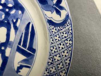 Five Chinese blue and white figurative plates, Kangxi and Chenghua marks, Kangxi