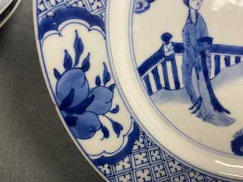 Five Chinese blue and white figurative plates, Kangxi and Chenghua marks, Kangxi