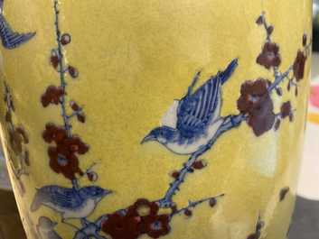 A Chinese blue, white and red yellow-ground vase, 18/19th C.