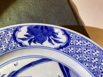 Five Chinese blue and white figurative plates, Kangxi and Chenghua marks, Kangxi