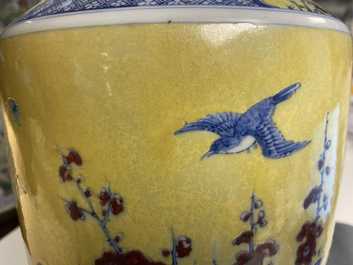 A Chinese blue, white and red yellow-ground vase, 18/19th C.