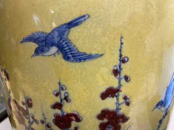 A Chinese blue, white and red yellow-ground vase, 18/19th C.