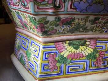A large Chinese hexagonal famille rose vase, 19th C.