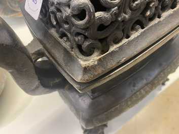 A large Chinese bronze censer and cover, Ming