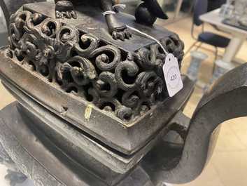 A large Chinese bronze censer and cover, Ming