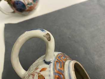 A Chinese famille verte teapot, an Imari-style teapot and an Amsterdam bont teapot, Kangxi and 19th C.