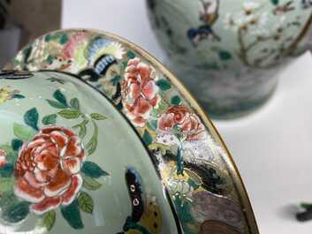 A pair of large Chinese Canton famille rose celadon-ground vases and covers, 19th C.