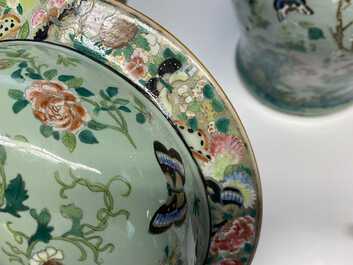 A pair of large Chinese Canton famille rose celadon-ground vases and covers, 19th C.