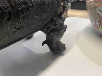 A large Chinese bronze censer and cover, Ming