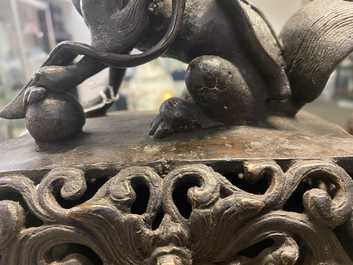 A large Chinese bronze censer and cover, Ming