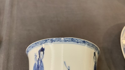 Six large Chinese blue and white cups and five saucers, Yu mark, Kangxi