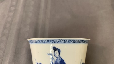 Six large Chinese blue and white cups and five saucers, Yu mark, Kangxi