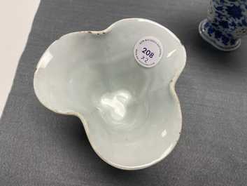 A pair of rare Chinese blue and white double-walled reticulated trilobed libation cups, Qianlong