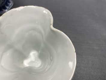 A pair of rare Chinese blue and white double-walled reticulated trilobed libation cups, Qianlong