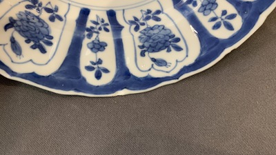 Six Chinese blue and white plates with floral design, Chenghua mark, Kangxi