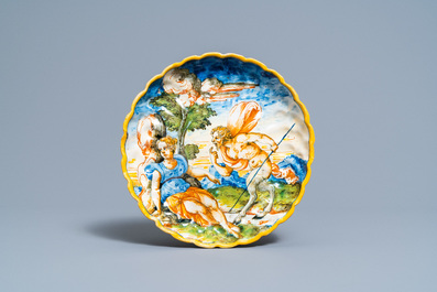 A polychrome Italian maiolica 'Venus and Satyre' crespina, Urbino, 16th C.