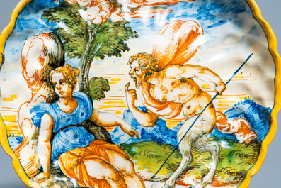 A polychrome Italian maiolica 'Venus and Satyre' crespina, Urbino, 16th C.