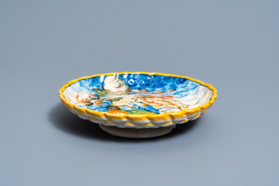 A polychrome Italian maiolica 'Venus and Satyre' crespina, Urbino, 16th C.