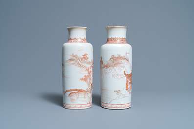 Two Chinese iron-red and gilt rouleau vases, Kangxi