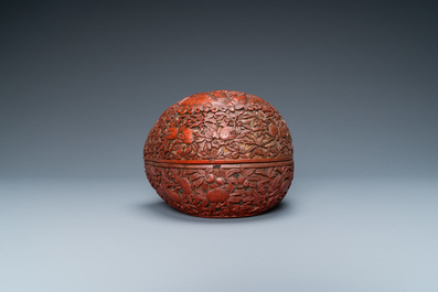 A Chinese red cinnabar lacquer peach-shaped box and cover, Kangxi