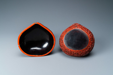 A Chinese red cinnabar lacquer peach-shaped box and cover, Kangxi