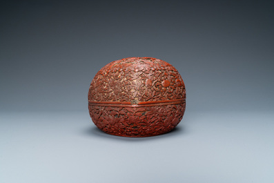 A Chinese red cinnabar lacquer peach-shaped box and cover, Kangxi