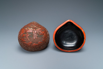 A Chinese red cinnabar lacquer peach-shaped box and cover, Kangxi