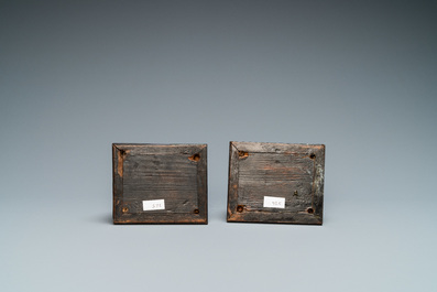 A pair of boxwood busts of a saint on an ebony veneer base, 17th C.