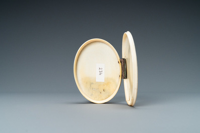 A silver-mounted oval ivory box depicting Diana and her nymphs, 18th C.