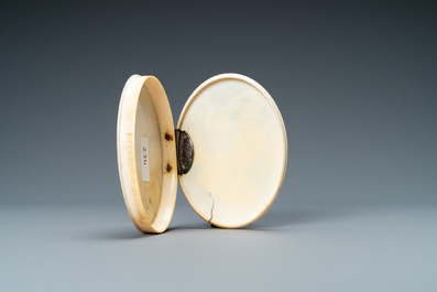 A silver-mounted oval ivory box depicting Diana and her nymphs, 18th C.
