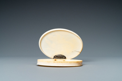 A silver-mounted oval ivory box depicting Diana and her nymphs, 18th C.