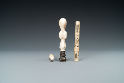 An ivory 'Stanhope' miniature umbrella with microscopical views on Paris, a seal stamp and a bone needle case, 19th C.