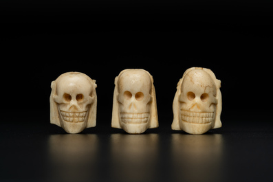 Three two-faced bone memento mori, 19th C.