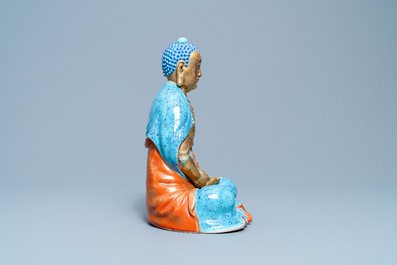 Three Chinese robin's egg and gilt figures of Bodhisattva, Qianlong/Jiaqing