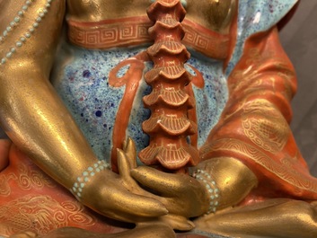 Three Chinese robin's egg and gilt figures of Bodhisattva, Qianlong/Jiaqing