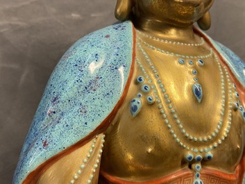 Three Chinese robin's egg and gilt figures of Bodhisattva, Qianlong/Jiaqing