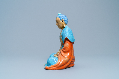 Three Chinese robin's egg and gilt figures of Bodhisattva, Qianlong/Jiaqing
