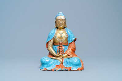 Three Chinese robin's egg and gilt figures of Bodhisattva, Qianlong/Jiaqing