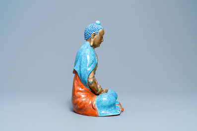 Three Chinese robin's egg and gilt figures of Bodhisattva, Qianlong/Jiaqing