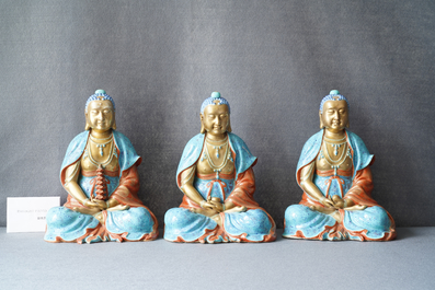 Three Chinese robin's egg and gilt figures of Bodhisattva, Qianlong/Jiaqing