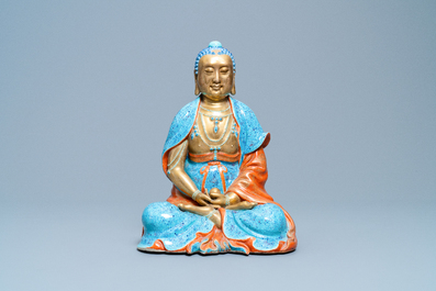 Three Chinese robin's egg and gilt figures of Bodhisattva, Qianlong/Jiaqing