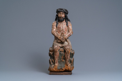 Een gepolychromeerde lindenhouten of populieren figuur van Christus op de koude steen, Duitsland, 15e eeuw