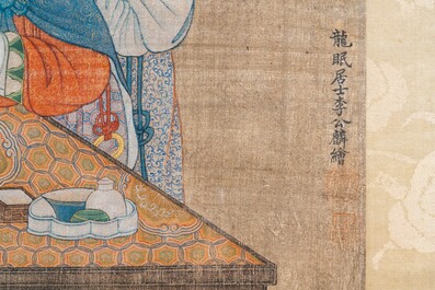 Chinese school, after Li Gonglin, ink and color on silk: 'Lady at her dressing table on a terrace', 17/18th C.