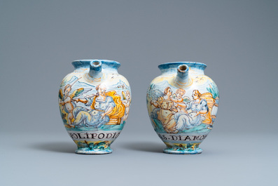 Twee polychrome Italiaanse apothekerspotten, 19e eeuw